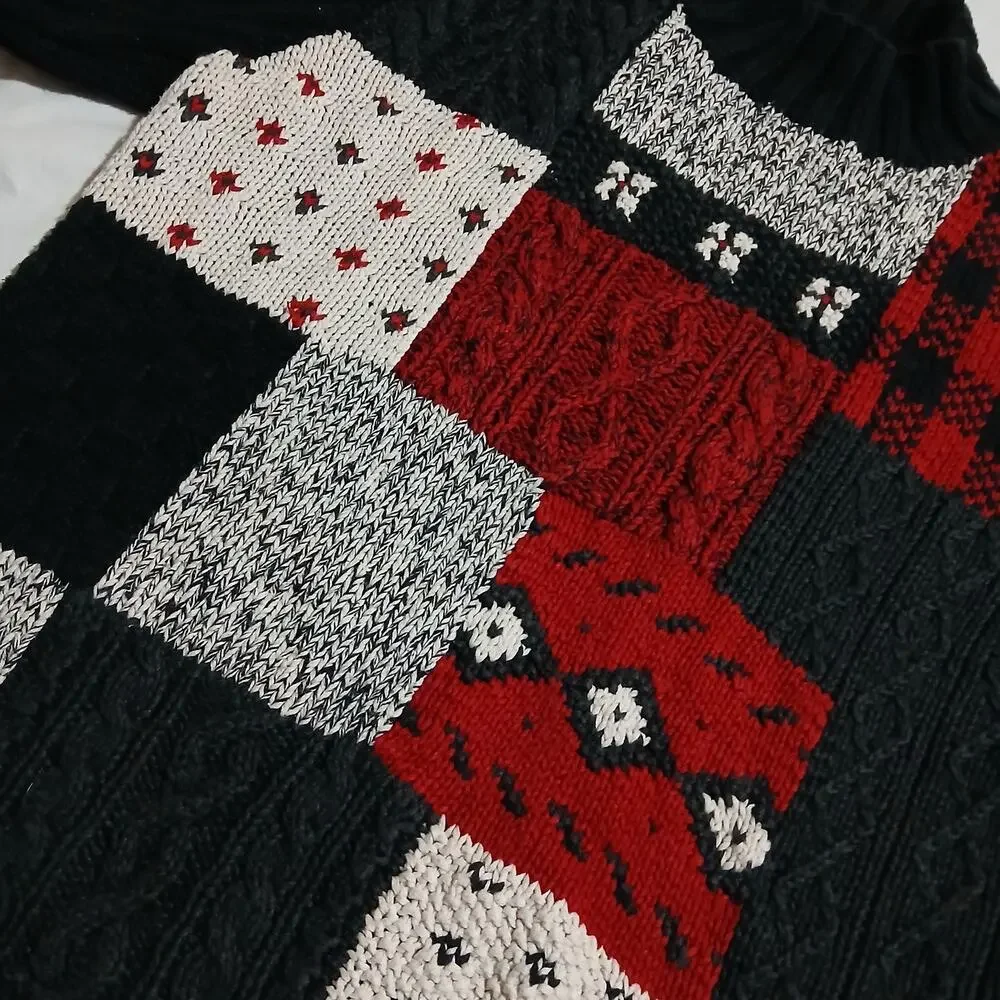 VTG Liz Claiborne Large Mock Neck Cotton Blend Red/Black/White Block Sweater
